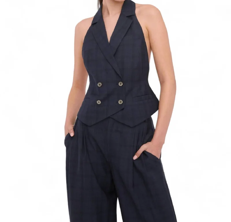 Women's Tailored Stretch Blazers in Navy Blue for Business Meetings Ava Open Back Tuxedo Vest In Oliver Plaid Women's Tailored Stretch Blazers in Navy Blue for Business Meetings Ava Open Back Tuxedo Vest In Oliver Plaid
