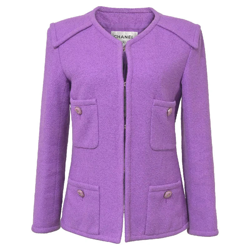 Petite women's wool blend coats with a tailored fit for a flattering silhouette Chanel CC Button Four Pockets Jacket in Purple Tweed Petite women's wool blend coats with a tailored fit for a flattering silhouette Chanel CC Button Four Pockets Jacket in Purple Tweed