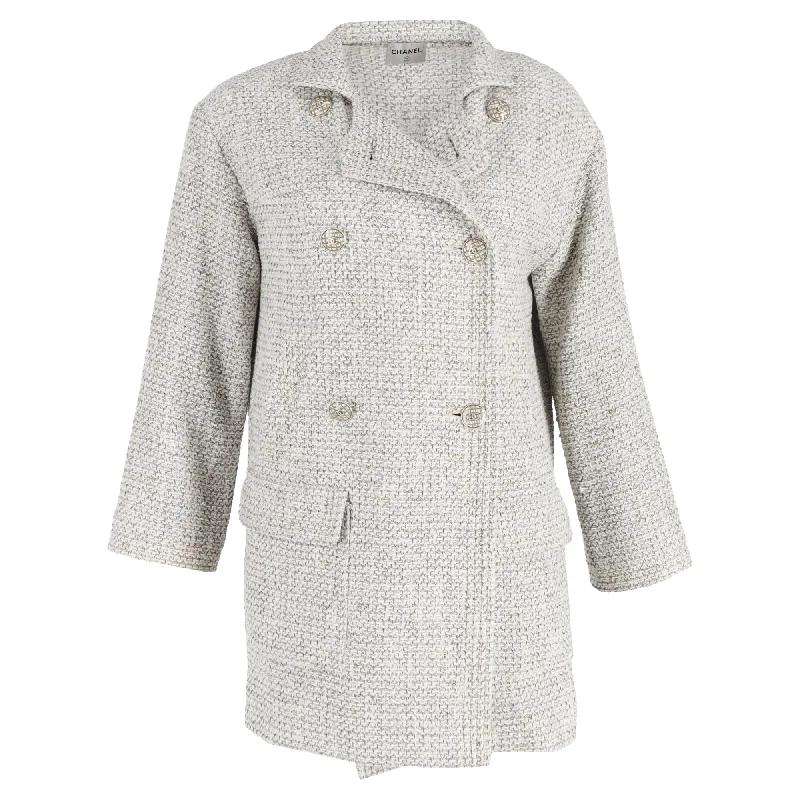 Women's Peplum Blazers in Emerald Green for a Stylish Work Attire Chanel Double-Breasted with Pockets Jacket in Grey Tweed