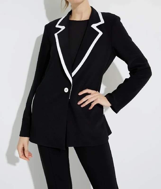 Plus Size Women's Military - Inspired Blazers with Gold Accents for a Bold Look Contrast Lapel Blazer In Black/white Plus Size Women's Military - Inspired Blazers with Gold Accents for a Bold Look Contrast Lapel Blazer In Black/white