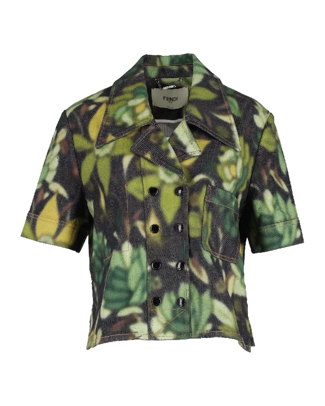 Hooded women's puffer coats in neon colors for high - visibility sports Fendi Floral Buttoned Short Sleeve Jacket in Green Cotton Hooded women's puffer coats in neon colors for high - visibility sports Fendi Floral Buttoned Short Sleeve Jacket in Green Cotton
