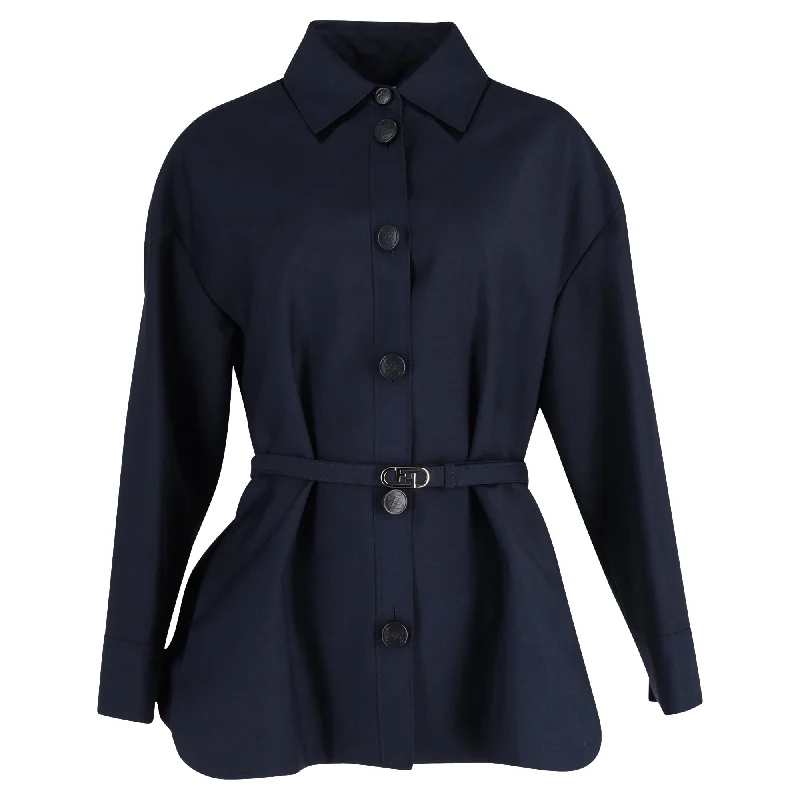 Women's faux fur coats in bright colors for a bold fashion statement Fendi Woven Oversized Jacket with FF Belt in Navy Blue Wool Women's faux fur coats in bright colors for a bold fashion statement Fendi Woven Oversized Jacket with FF Belt in Navy Blue Wool
