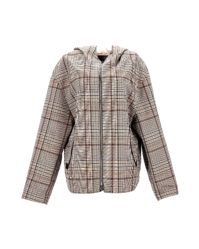 Women's pea coats with brass buttons for a nautical - inspired style Hermes Checkered Print Hooded Zip Jacket in Brown Organic Cotton Women's pea coats with brass buttons for a nautical - inspired style Hermes Checkered Print Hooded Zip Jacket in Brown Organic Cotton