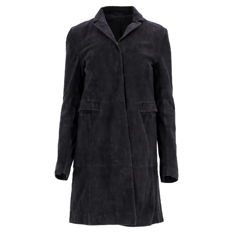 Long women's mac coats in a lightweight fabric for spring showers Hugo Boss Concealed Closure Coat in Black Suede Long women's mac coats in a lightweight fabric for spring showers Hugo Boss Concealed Closure Coat in Black Suede