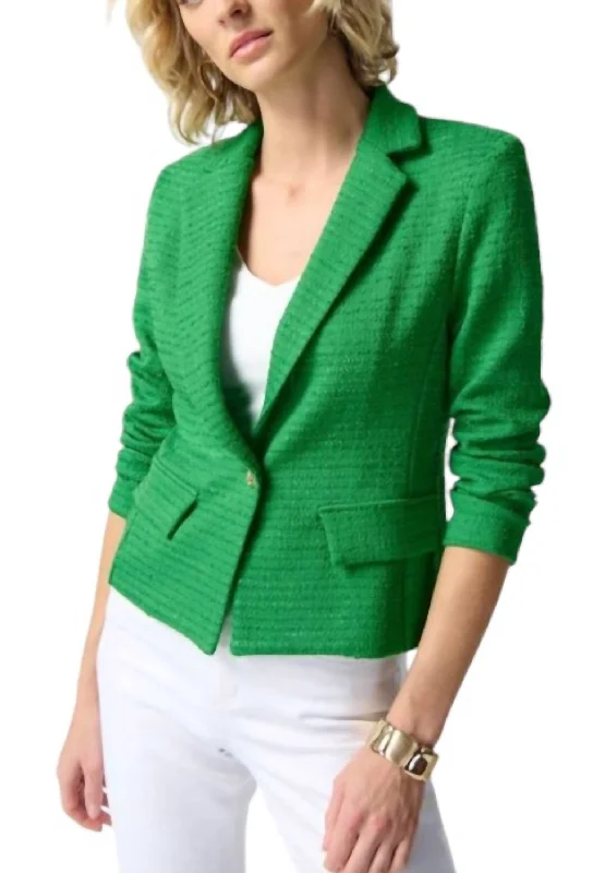 Single - Breasted Women's Tweed Blazers with Gold Buttons for a Classic Look Island Boucle Boxy Blazer In Green Single - Breasted Women's Tweed Blazers with Gold Buttons for a Classic Look Island Boucle Boxy Blazer In Green