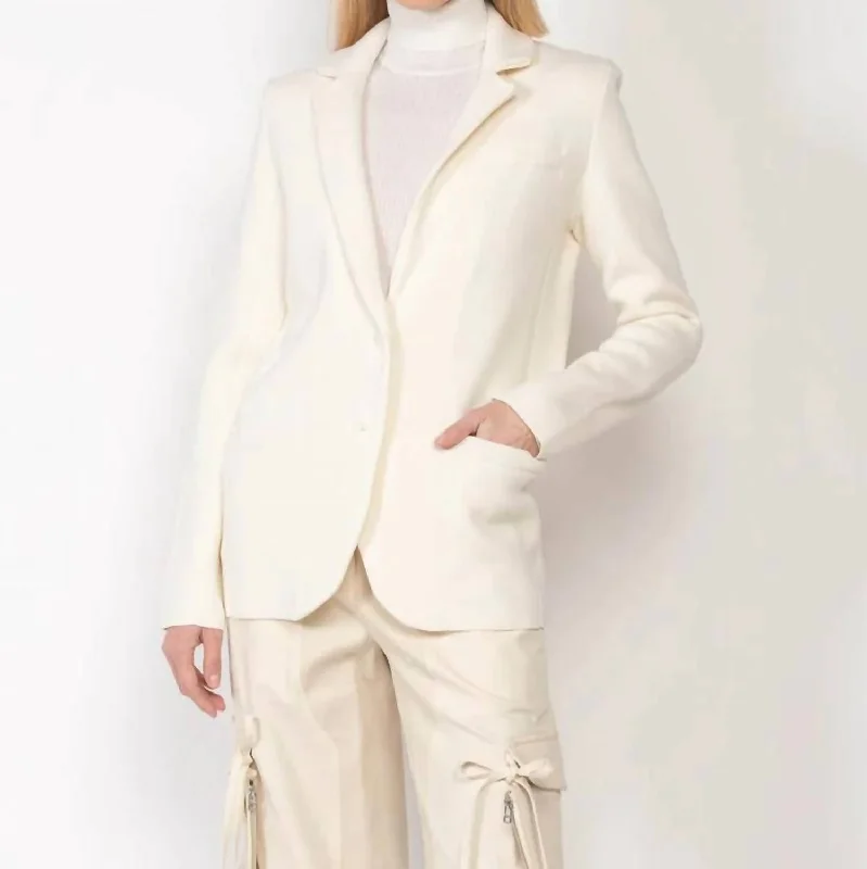 Double - Breasted Women's Polyester Blazers in Bright Colors for a Fun Style Knit Boyfriend Blazer In Winter White Double - Breasted Women's Polyester Blazers in Bright Colors for a Fun Style Knit Boyfriend Blazer In Winter White