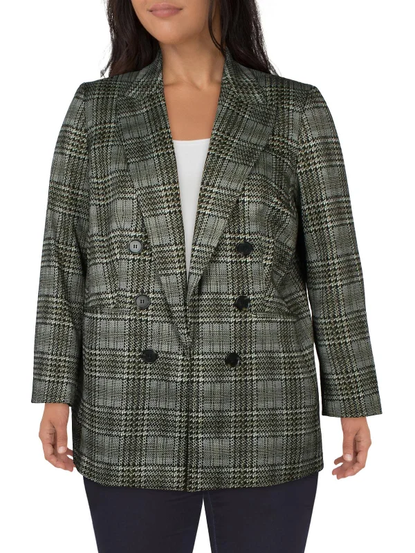 Women's Tailored Stretch Blazers in Navy Blue for Business Meetings Plus Womens Plaid Double-Breasted Open-Front Blazer