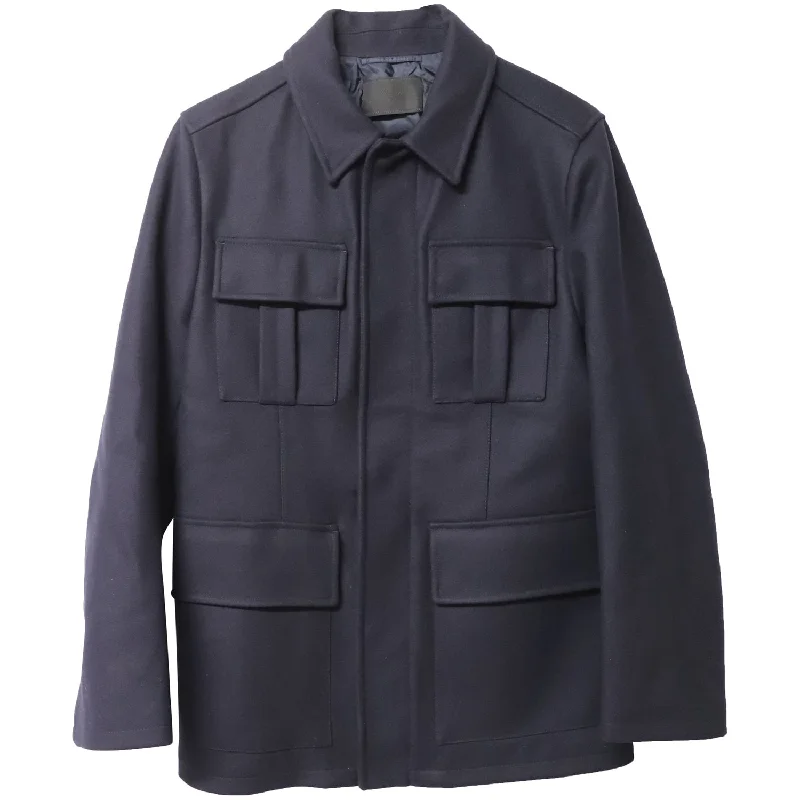 Women's knee - length wool blend coats with a fur collar for added warmth Prada Four Pocket Jacket in Navy Wool Women's knee - length wool blend coats with a fur collar for added warmth Prada Four Pocket Jacket in Navy Wool