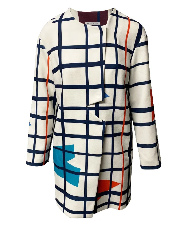 Women's long - sleeve wool coats in a houndstooth pattern for a classic charm Rejina Pyo Lightweight Geometric Print Coat in White Viscose Women's long - sleeve wool coats in a houndstooth pattern for a classic charm Rejina Pyo Lightweight Geometric Print Coat in White Viscose