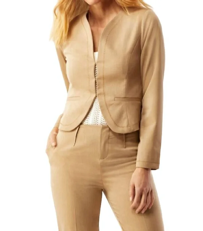 Women's Tailored Stretch Blazers in Navy Blue for Business Meetings Short Jacket With Stitch Detail In Camel Women's Tailored Stretch Blazers in Navy Blue for Business Meetings Short Jacket With Stitch Detail In Camel