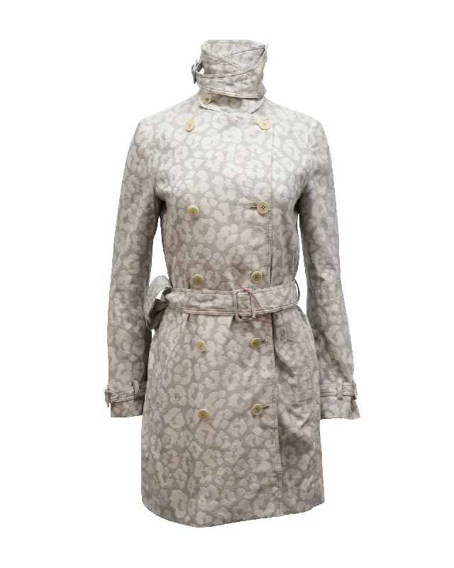 Water - resistant women's trench coats with adjustable cuffs for rainy days Stella McCartney Snow Leopard Print Double-Breasted Coat in Light Grey Polyester Water - resistant women's trench coats with adjustable cuffs for rainy days Stella McCartney Snow Leopard Print Double-Breasted Coat in Light Grey Polyester