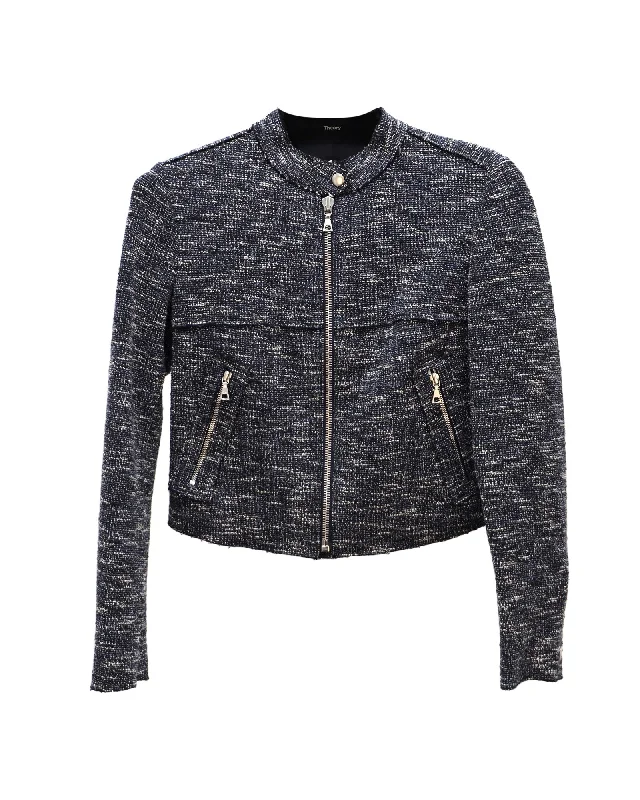 Quilted down women's coats with removable hoods for outdoor activities Theory Cropped Moto Jacket in Blue Cotton Tweed