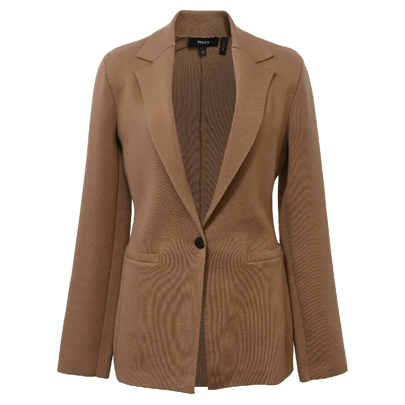 Single - Breasted Women's Tweed Blazers with Gold Buttons for a Classic Look Theory Single-Breasted Knit Blazer in Brown Wool Single - Breasted Women's Tweed Blazers with Gold Buttons for a Classic Look Theory Single-Breasted Knit Blazer in Brown Wool