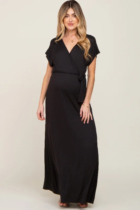 Satin maxi dresses with a high - low hem for a modern twist Black Basic Maternity Wrap Maxi Dress Satin maxi dresses with a high - low hem for a modern twist Black Basic Maternity Wrap Maxi Dress