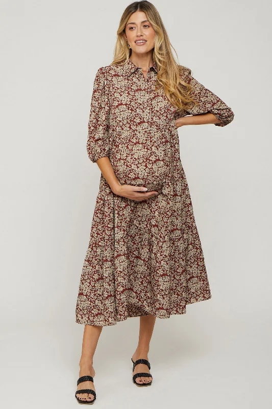 Metallic maxi dresses for a glamorous New Year's Eve party Burgundy Floral Collared Tiered Maternity Maxi Dress Metallic maxi dresses for a glamorous New Year's Eve party Burgundy Floral Collared Tiered Maternity Maxi Dress
