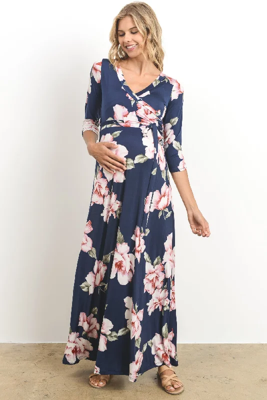 Sequined maxi dresses for formal evening galas Floral Faux Wrap Maternity & Nursing Maxi Dress