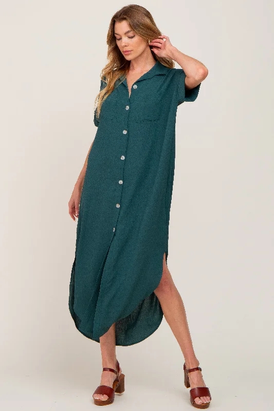 Maxi dresses with a wrap - around style for a customizable fit Forest Green Button Down Hi Low Maxi Dress Maxi dresses with a wrap - around style for a customizable fit Forest Green Button Down Hi Low Maxi Dress