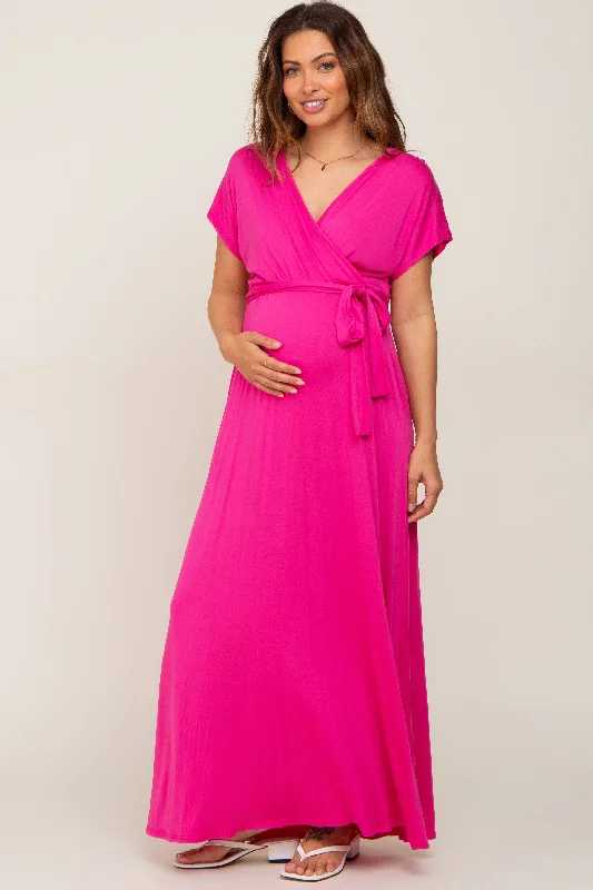 Maxi dresses with a keyhole back for a sexy detail Fuchsia Basic Maternity Wrap Maxi Dress Maxi dresses with a keyhole back for a sexy detail Fuchsia Basic Maternity Wrap Maxi Dress