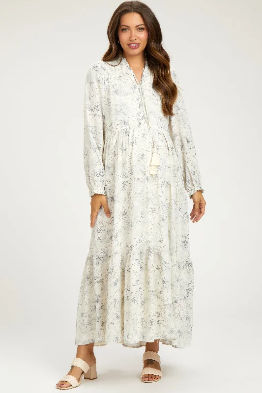 Maxi dresses with balloon sleeves for a vintage - inspired style Gray Floral Tassel Tiered Long Sleeve Maternity Maxi Dress Maxi dresses with balloon sleeves for a vintage - inspired style Gray Floral Tassel Tiered Long Sleeve Maternity Maxi Dress