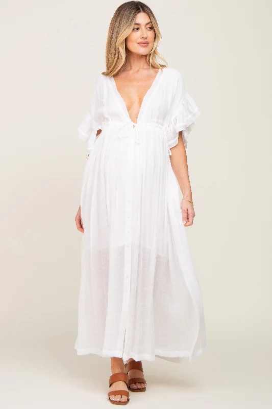 Maxi dresses with thin spaghetti straps for a delicate and feminine feel Ivory Deep V-Neck Button Down Maternity Maxi Dress Maxi dresses with thin spaghetti straps for a delicate and feminine feel Ivory Deep V-Neck Button Down Maternity Maxi Dress
