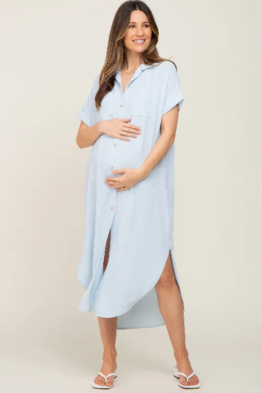 Animal print maxi dresses for a statement - making outfit Light Blue Button Down Hi Low Maternity Maxi Dress Animal print maxi dresses for a statement - making outfit Light Blue Button Down Hi Low Maternity Maxi Dress