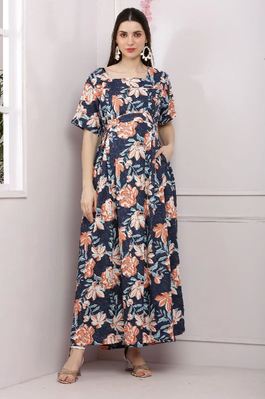 Floral print maxi dresses for summer garden parties Midnight Blue Flowerbomb Maternity & Nursing Maxi Dress