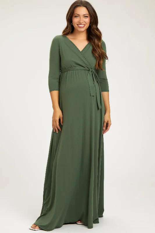 Leather maxi dresses for an edgy and bold appearance PinkBlush Light Olive Draped 3/4 Sleeve Maternity Maxi Dress Leather maxi dresses for an edgy and bold appearance PinkBlush Light Olive Draped 3/4 Sleeve Maternity Maxi Dress