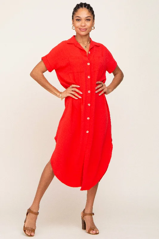 Ruffled maxi dresses with a tiered skirt for added volume Red Button Down Hi Low Maxi Dress
