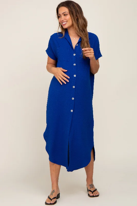 Maxi dresses with cold - shoulder cutouts for a trendy look Royal Blue Button Down Hi Low Maternity Maxi Dress Maxi dresses with cold - shoulder cutouts for a trendy look Royal Blue Button Down Hi Low Maternity Maxi Dress