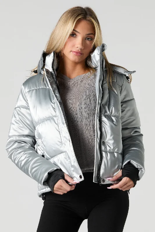 Women's leather biker jackets with studs Faux Leather Shiny Puffer Jacket