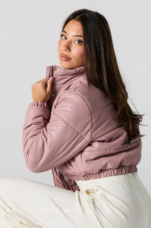 Women's leather military - style jackets with epaulets Faux Leather Puffer Jacket