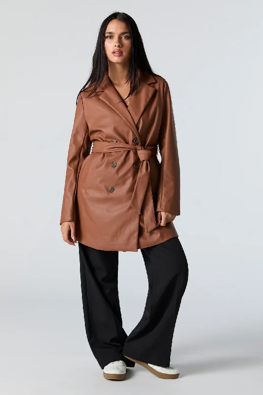 Women's leather wide - leg pants for a casual style Faux Leather Trench Coat