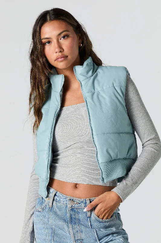 Women's leather cigarette - style leather pants Faux Leather Quilted Puffer Vest