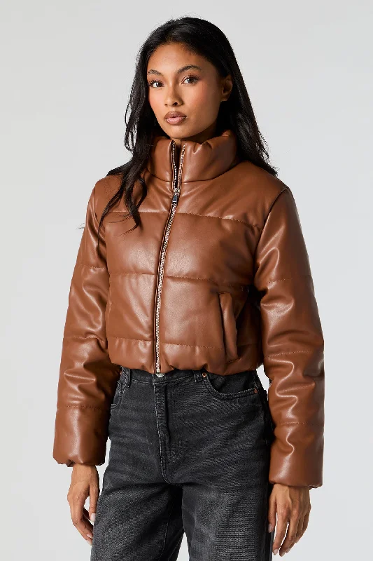 Women's leather leather loafers with a leather tassel Faux Leather Cropped Puffer Jacket