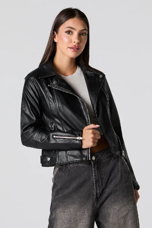 Women's leather faux - fur trimmed jackets for winter Faux Leather Biker Jacket