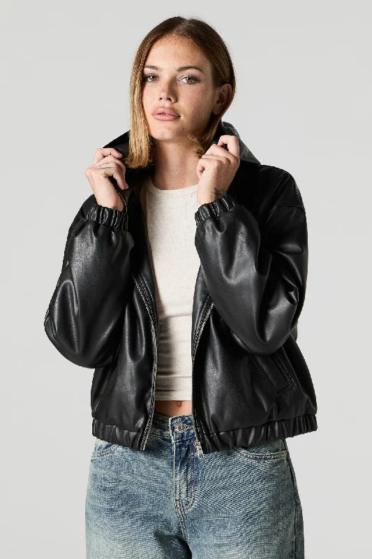Women's leather leather espadrilles with a leather sole Faux Leather Hooded Bomber Jacket
