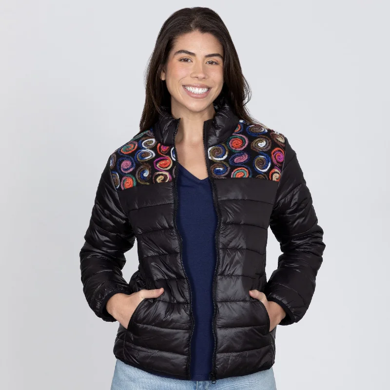 Women's bomber jackets with a holographic finish for a futuristic and eye - catching look Mixed Fabric Embroidery Insulated Jacket Women's bomber jackets with a holographic finish for a futuristic and eye - catching look Mixed Fabric Embroidery Insulated Jacket