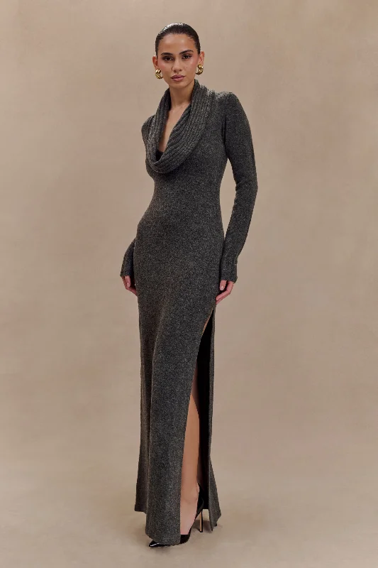 Denim maxi dresses with frayed hems for a casual look Alessandra Reversible Knit Maxi Dress - Charcoal Marle Denim maxi dresses with frayed hems for a casual look Alessandra Reversible Knit Maxi Dress - Charcoal Marle