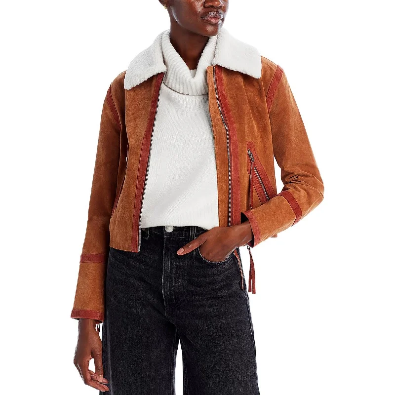 Women's leather leather fedora hats [BLANKNYC] Womens Suede Faux Fur Collar Leather Jacket