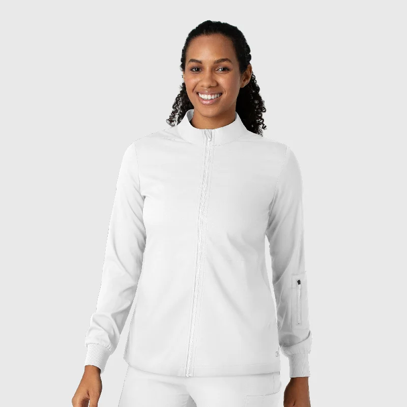 Women's waterproof rain jackets in bright yellow for high - visibility outdoor activities Boundless Women's Warm Up Scrub Jacket - White Women's waterproof rain jackets in bright yellow for high - visibility outdoor activities Boundless Women's Warm Up Scrub Jacket - White