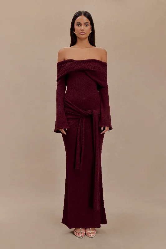 Maxi dresses with an asymmetric hem for a fashion - forward and eye - catching design Cameron Off Shoulder Tie Maxi Dress - Merlot Maxi dresses with an asymmetric hem for a fashion - forward and eye - catching design Cameron Off Shoulder Tie Maxi Dress - Merlot