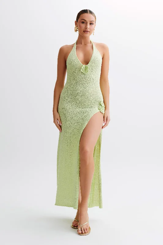 Maxi dresses with a V - neckline for a flattering and elongating shape Cherie Knit Halter Maxi Dress - Apple Maxi dresses with a V - neckline for a flattering and elongating shape Cherie Knit Halter Maxi Dress - Apple