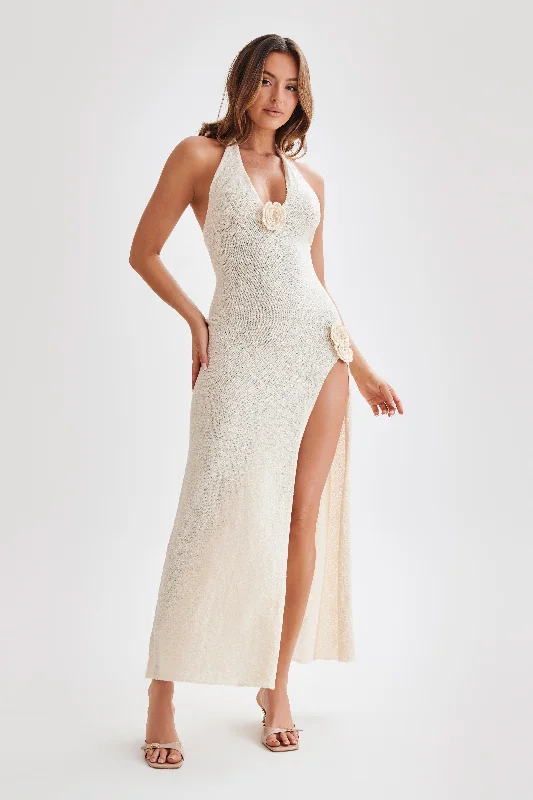 Maxi dresses with tassel accents for a fun and lively touch Cherie Knit Halter Maxi Dress - Nude Maxi dresses with tassel accents for a fun and lively touch Cherie Knit Halter Maxi Dress - Nude