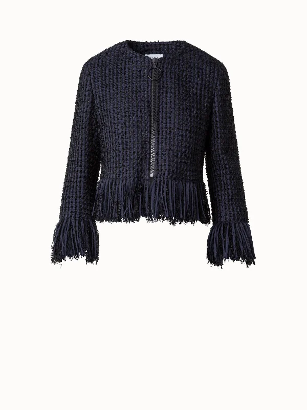 Women's windbreaker jackets with adjustable hoods for windy days  Chunky Tweed Jacket with Fringes in Cotton Blend