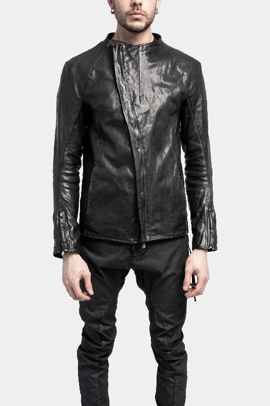 Women's leather leather capes with a fur collar Collarless curved zip leather jacket Women's leather leather capes with a fur collar Collarless curved zip leather jacket