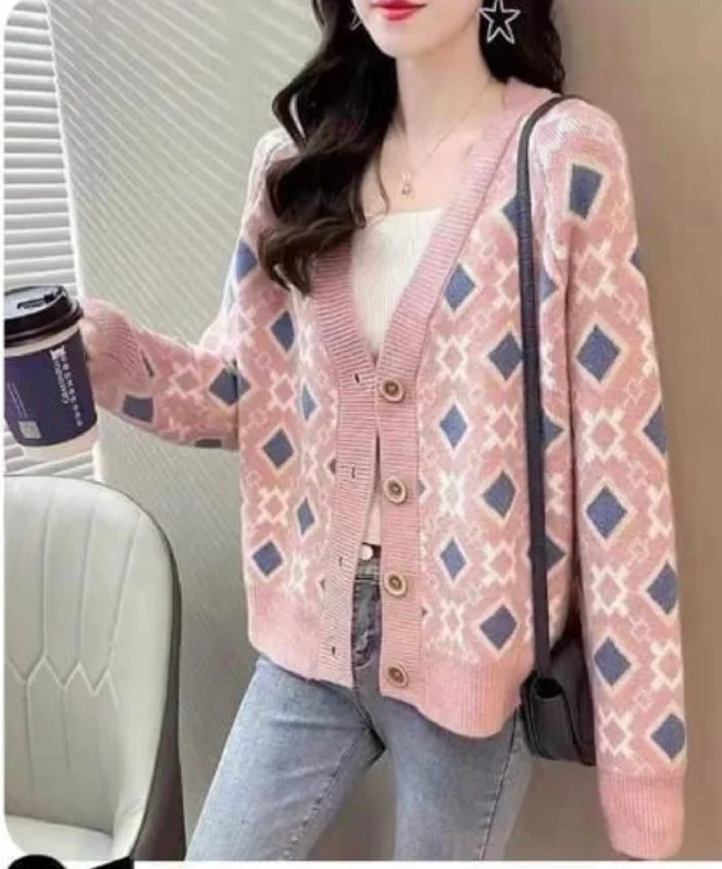 cable knit women cardigan with intricate patterns Korean Knitted Cardigan Diamond