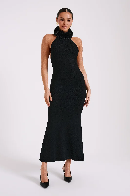 Strapless maxi dresses for a beachside vacation Elva Halter Knit Maxi Dress With Faux Fur - Black Strapless maxi dresses for a beachside vacation Elva Halter Knit Maxi Dress With Faux Fur - Black