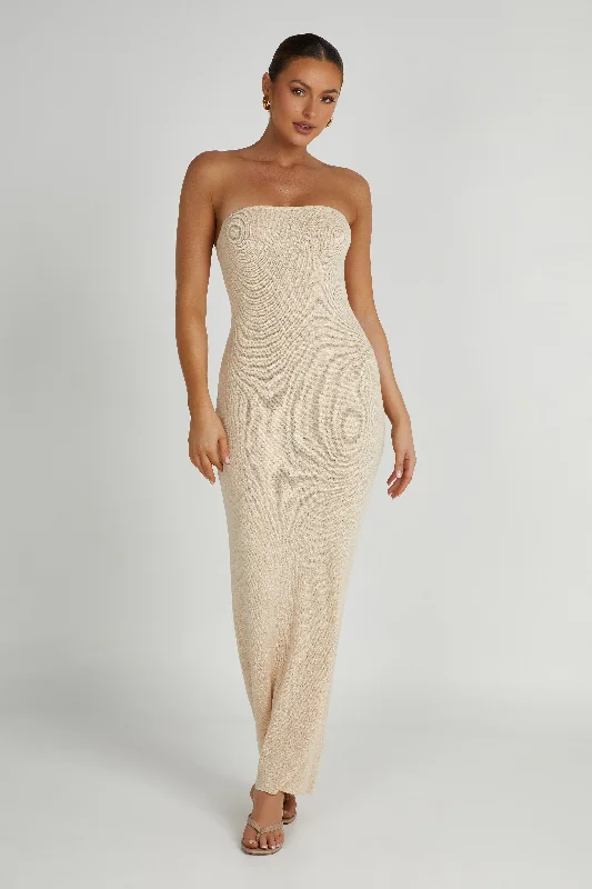 Maxi dresses with embroidered floral motifs for a unique design Emmy Strapless Knit Maxi Dress - Wheat Maxi dresses with embroidered floral motifs for a unique design Emmy Strapless Knit Maxi Dress - Wheat