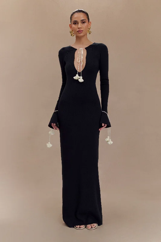 Maxi dresses with a cinched waist for a defined silhouette Erica Knit Maxi Dress With Floral Ties - Black And White Maxi dresses with a cinched waist for a defined silhouette Erica Knit Maxi Dress With Floral Ties - Black And White
