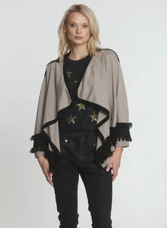 hand knitted women cardigan with artisanal charm Jenna Fringe Cardigan - Taupe